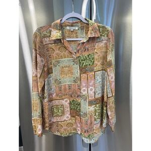 Rose + Olive Womens Medium Button Front Blouse Paisley Patchwork Boho
